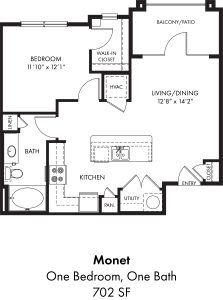 the one bedroom floor plan at monte at The Auberge of Tyler